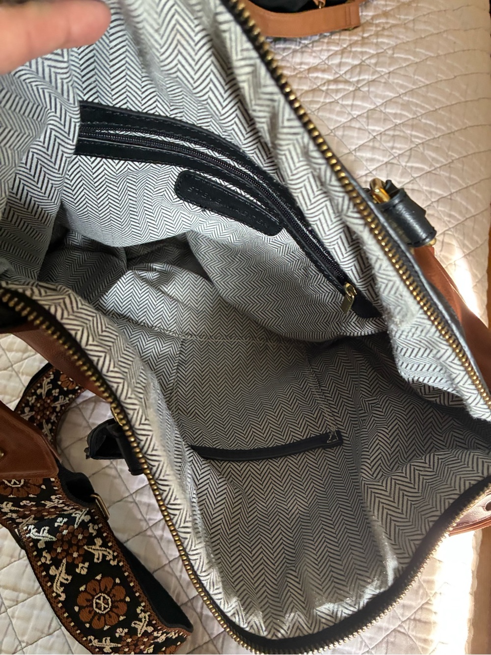 Steve Madden Brown and Black Leather Tote with Patterned Adjustable Strap - Picture 7 of 8